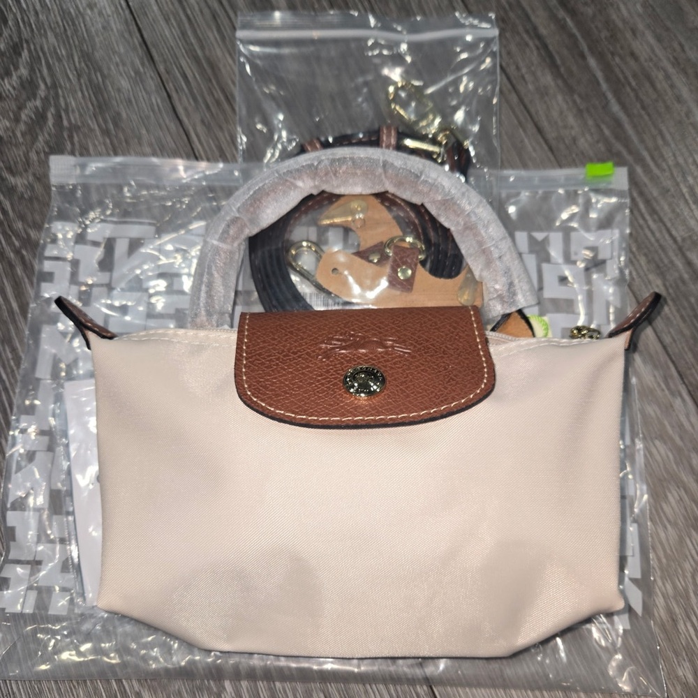 Longchamp Le Pliage Original Mini Pouch bag purse tote handle paper beige💯 - Picture 4 of 8